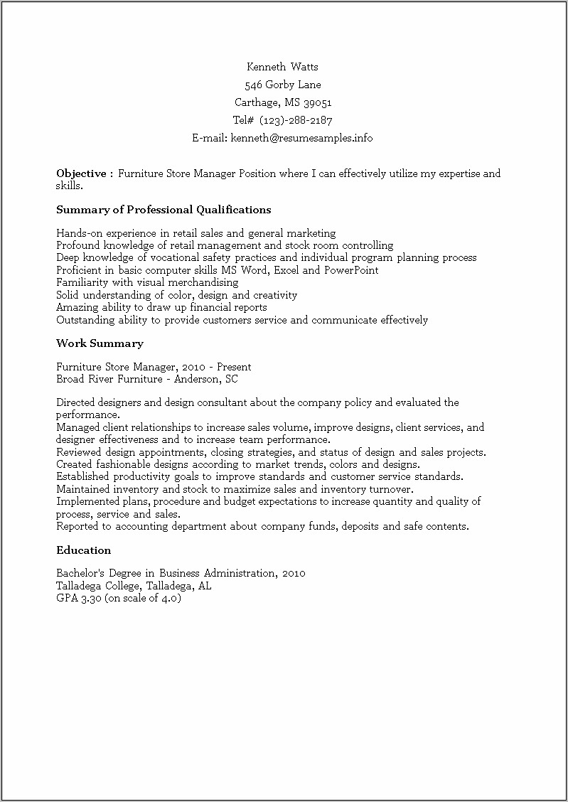 Furniture Store Manager Resume Examples