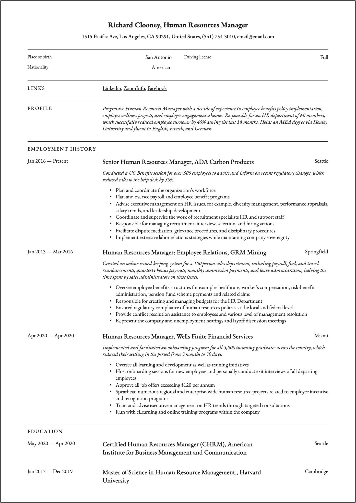 General Manager Human Resources Resume