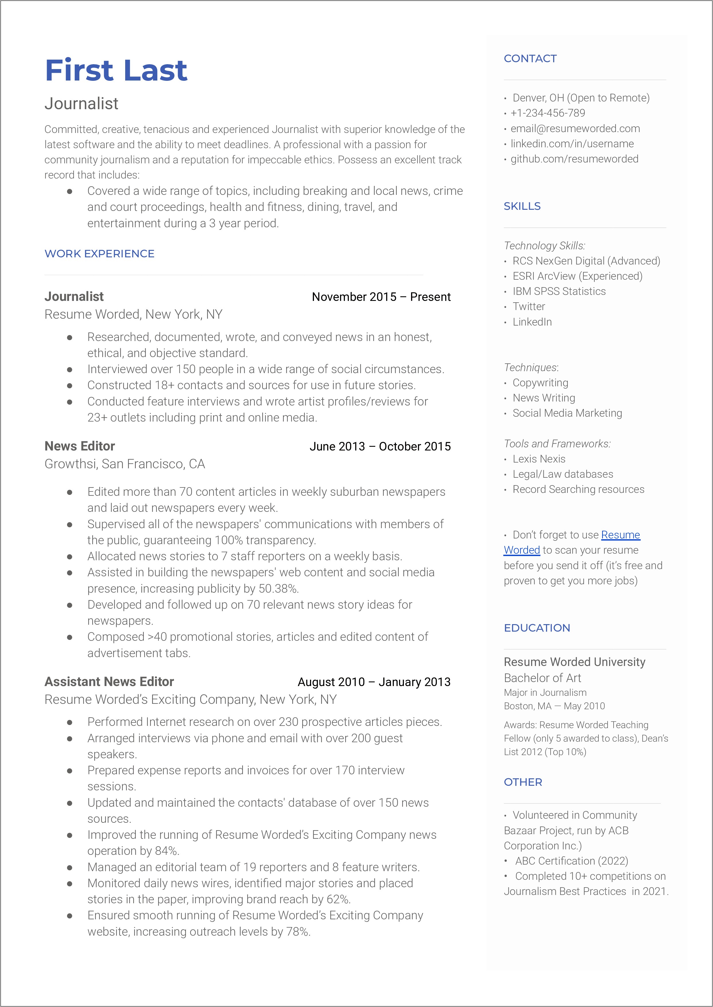 General Resume Objective Examples Journalism