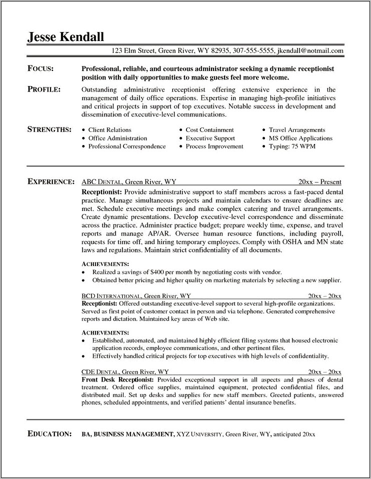 General Resume Objective Examples Receptionist