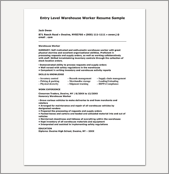 General Resume Objective Examples Warehouse