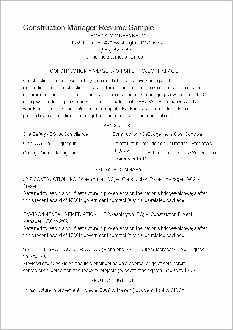 Good Construction Project Manager Resume