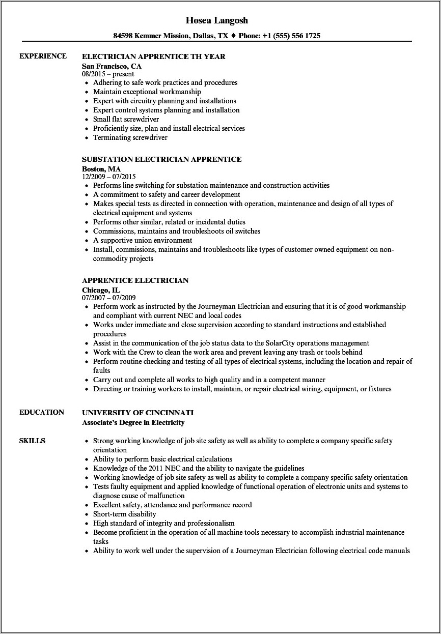 Good Objective For Electrician Resume