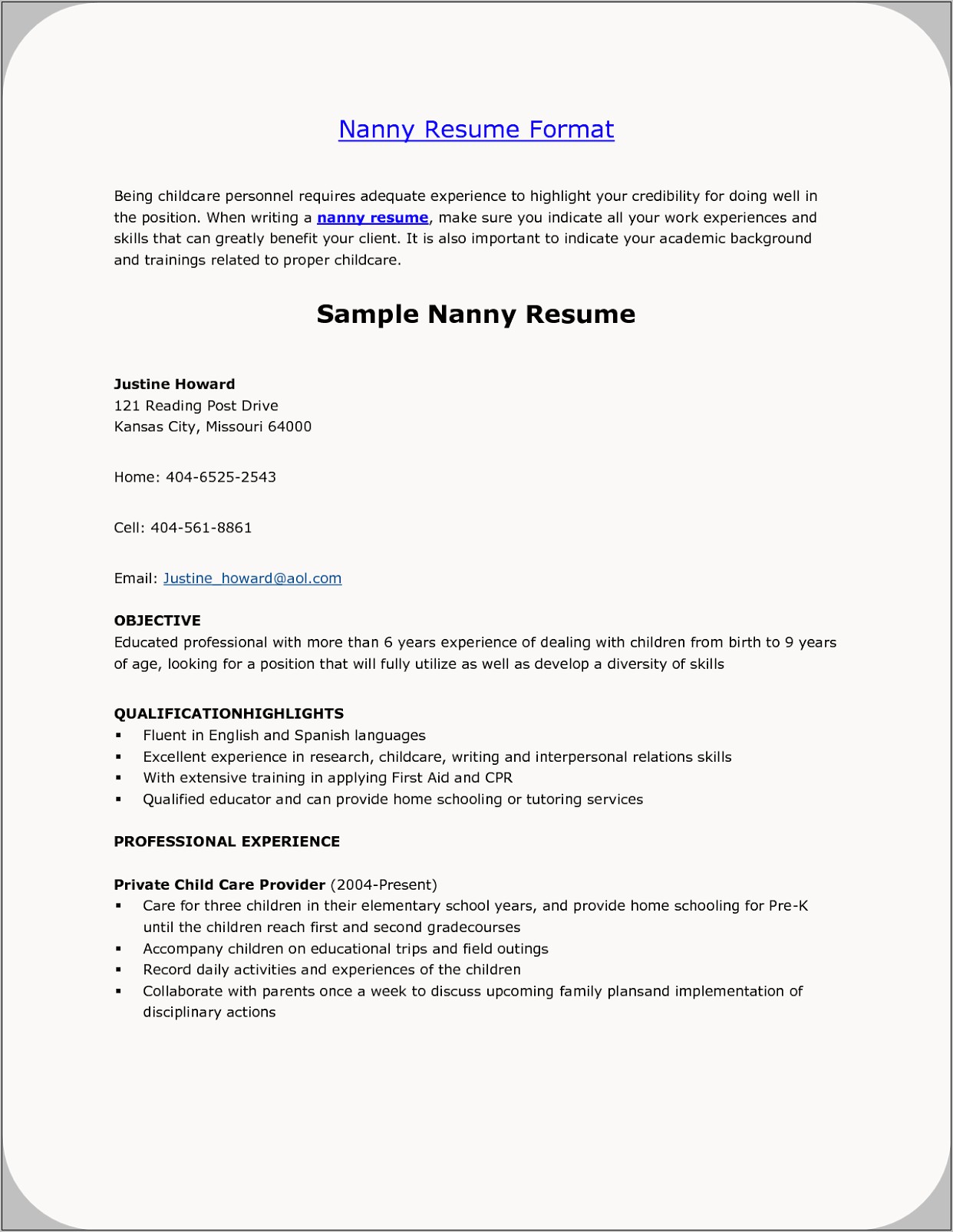 Good Objective For Nanny Resume