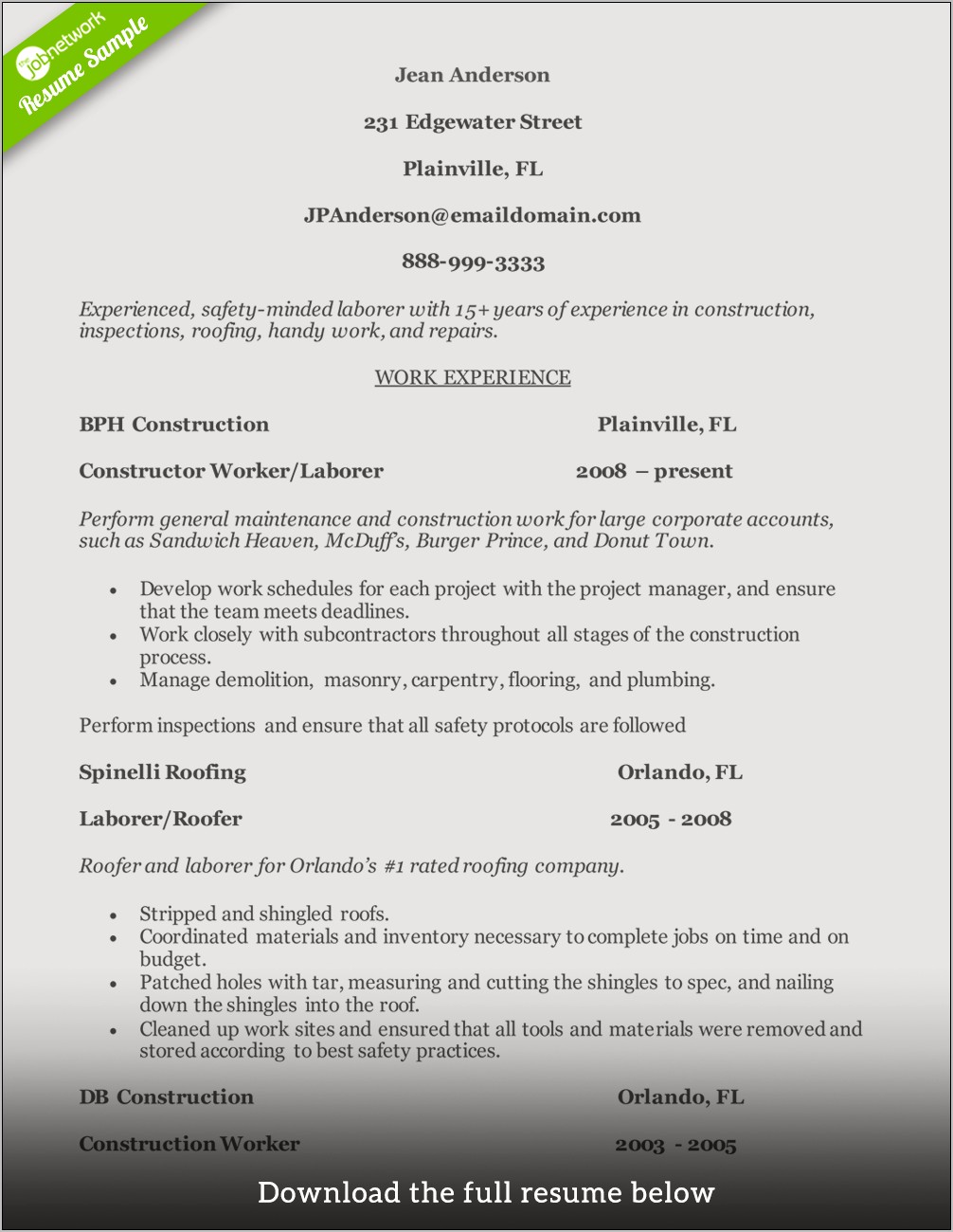 Good Resume Examples For Laborers