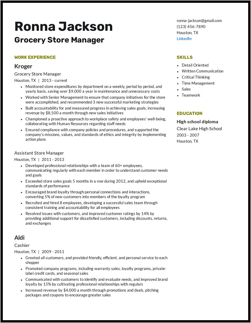 Grocery Store General Manager Resume