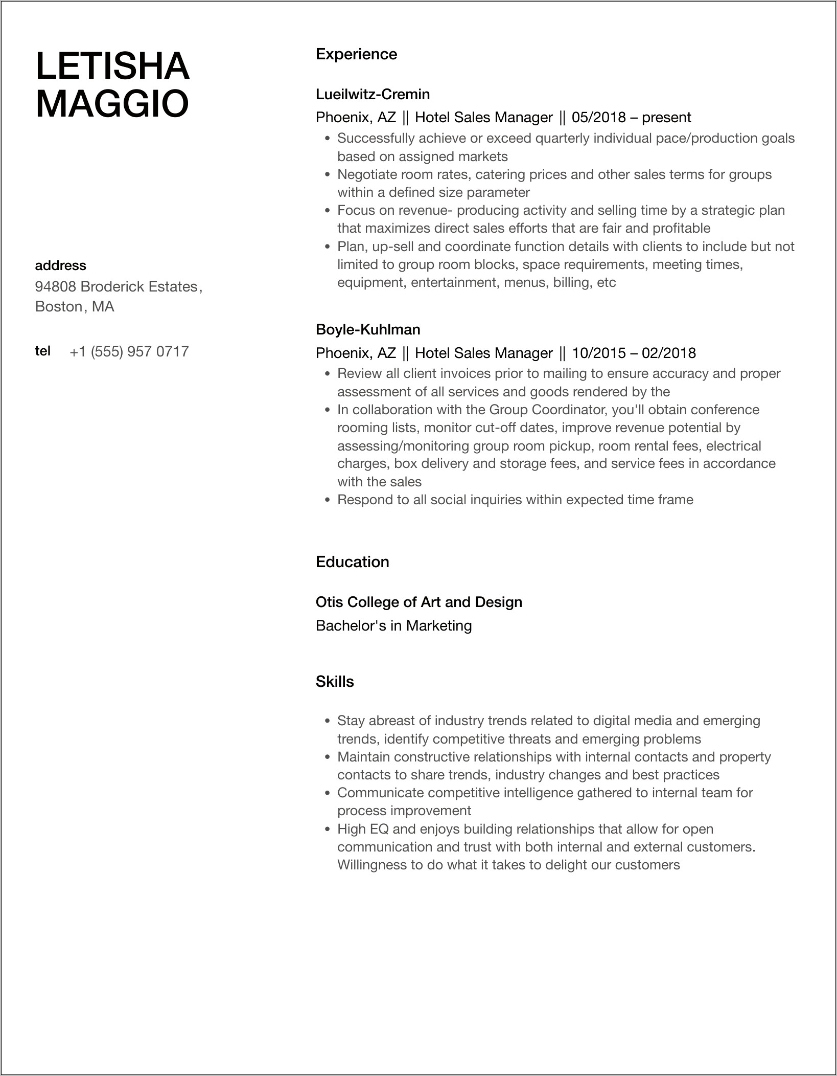 Group Sales Manager Hotel Resume