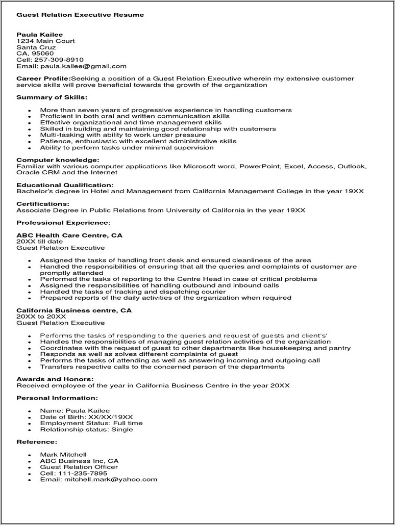 Guest Relation Officer Resume Objective