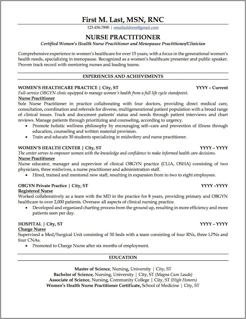 Gynecology Clinic Administrative Manager Resume