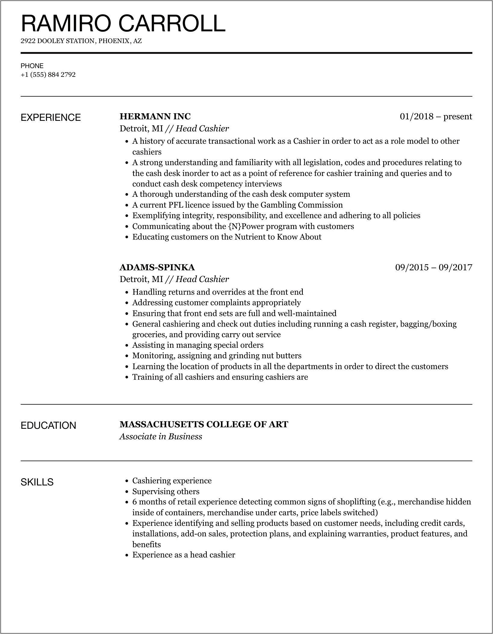 Head Cashier Lowes Resume Example