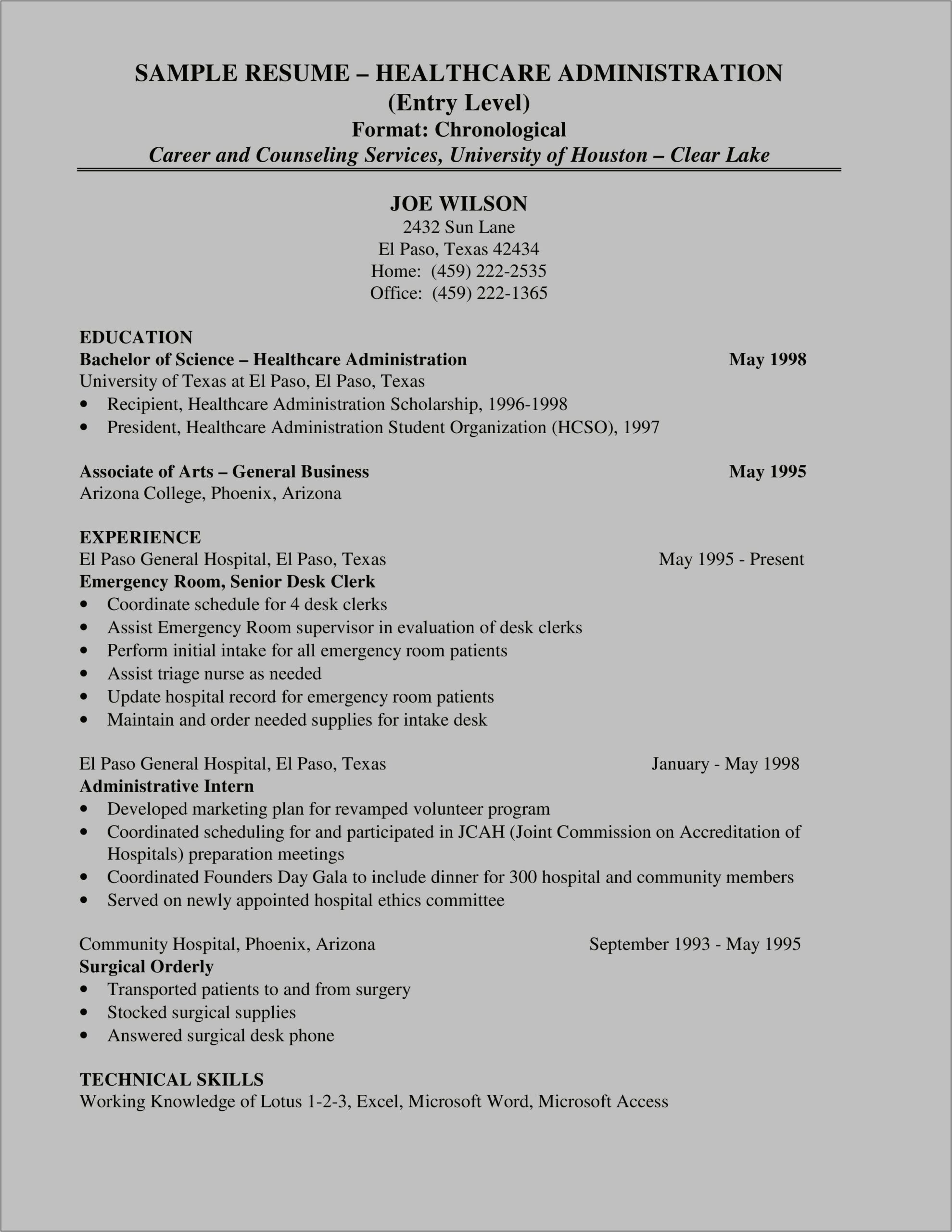 Health Care Administration Resume Example