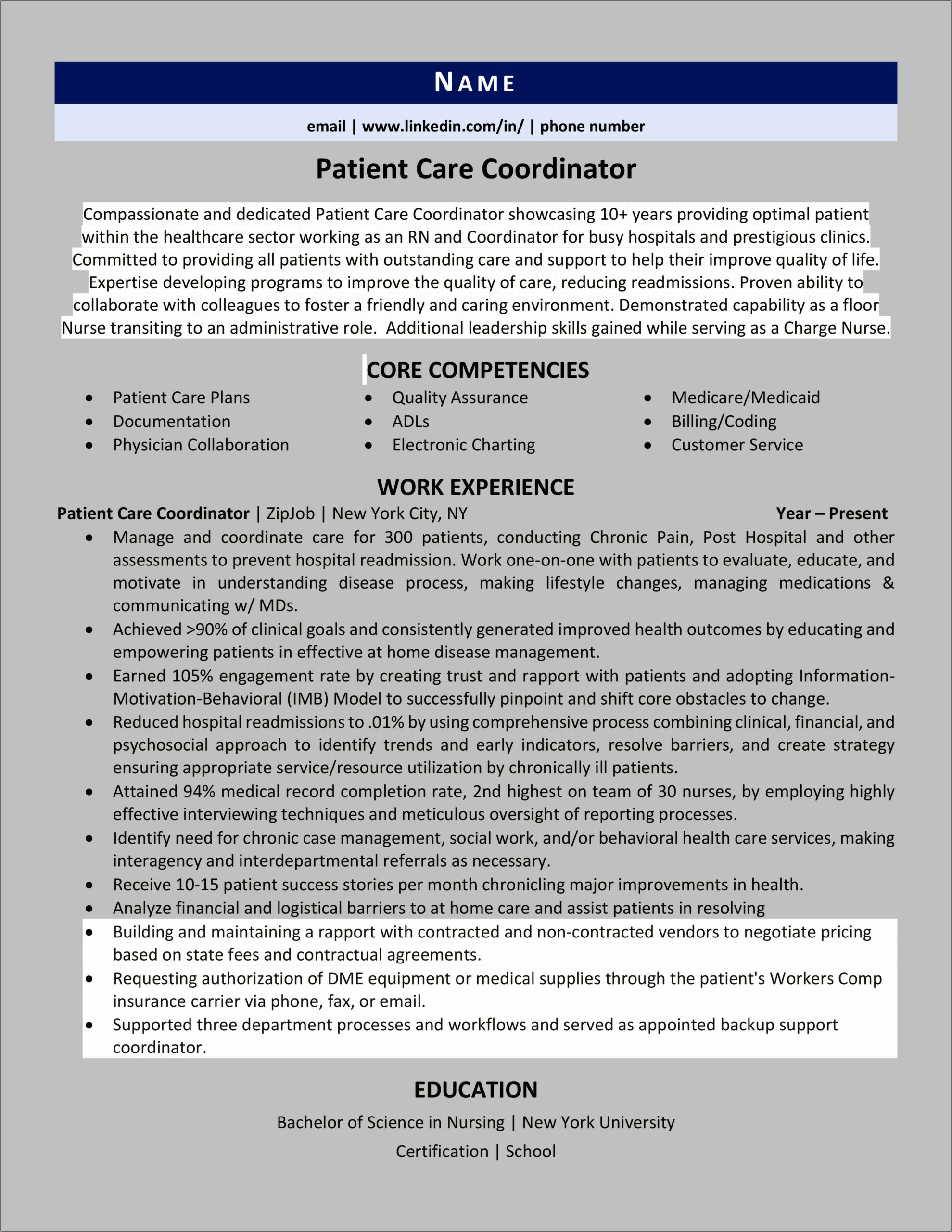 Health Coordinator Job Resume Description