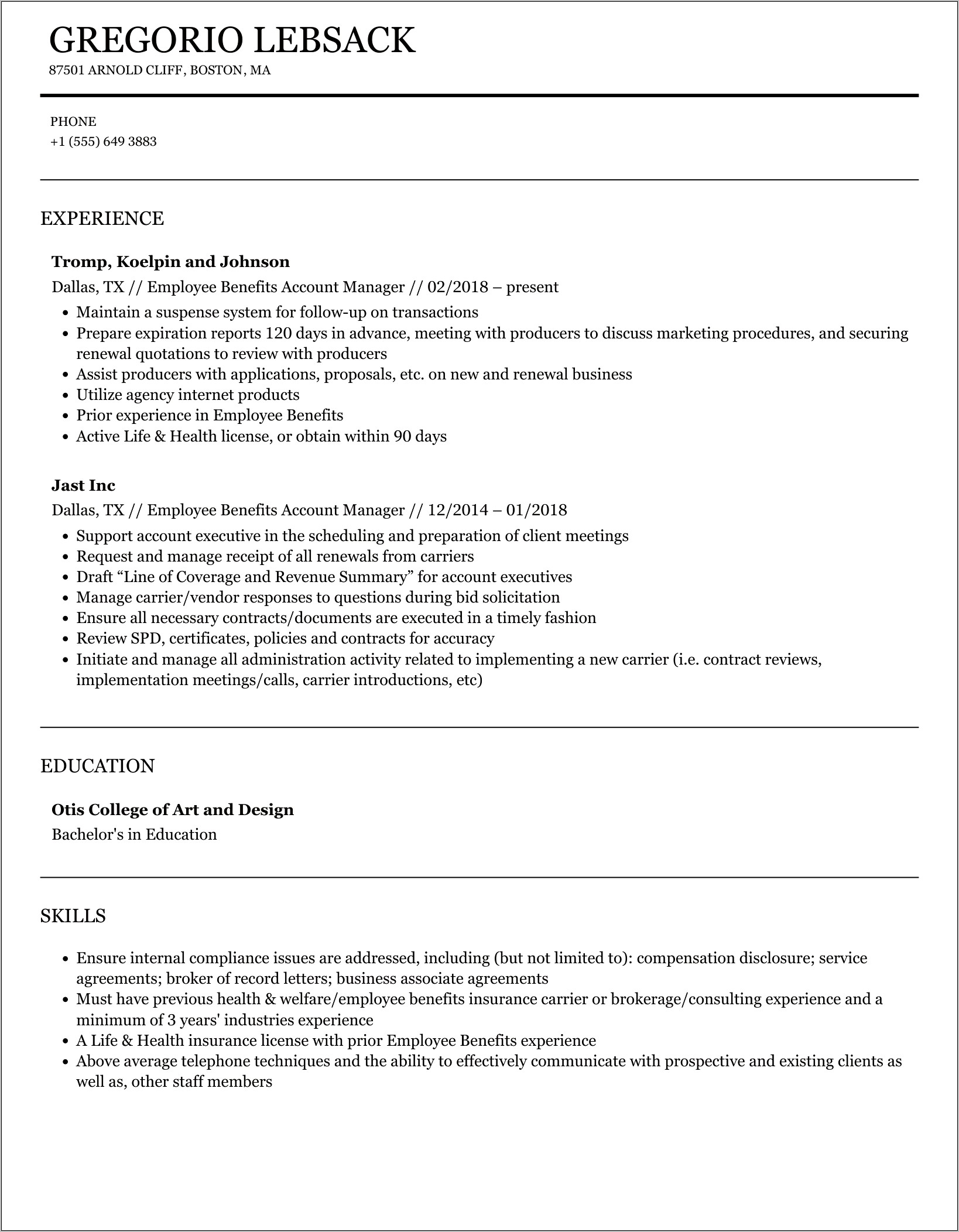 Health Insurance Account Manager Resume
