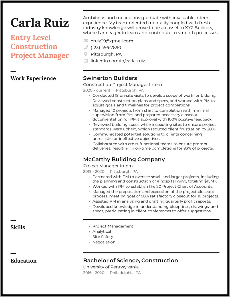 Healthcare Construction Project Manager Resume