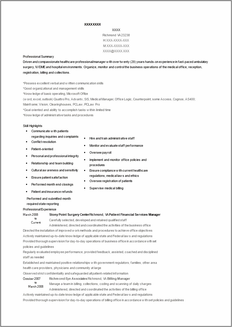Healthcare Customer Service Manager Resume