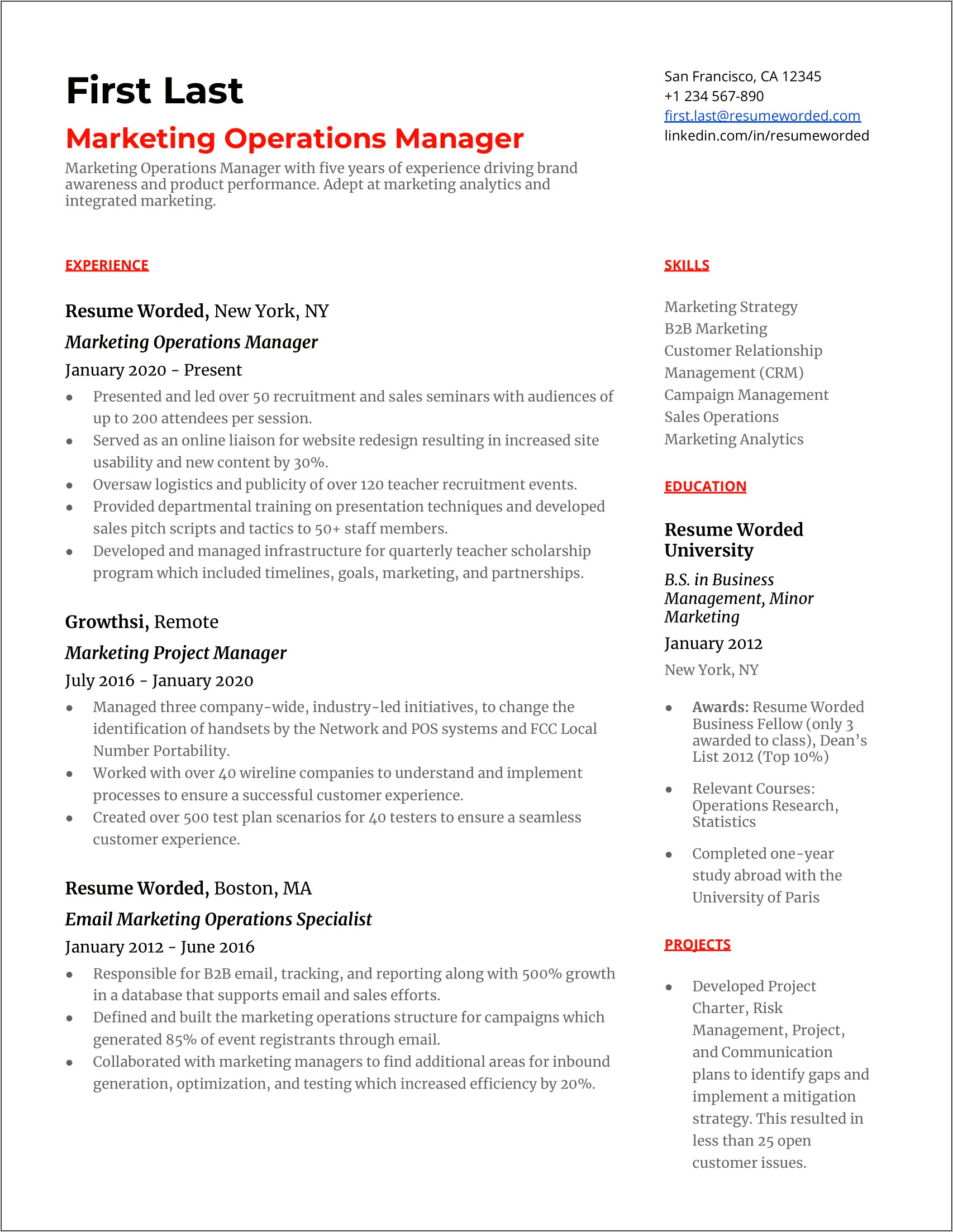 Healthcare Operations Manager Resume Example
