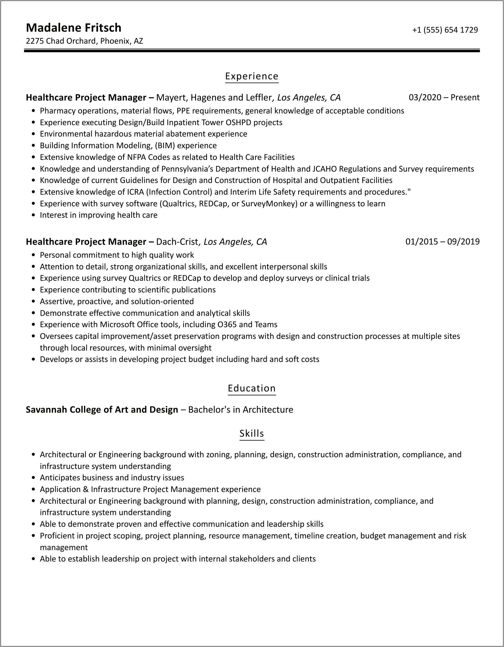 Healthcare Project Management Resume Sample