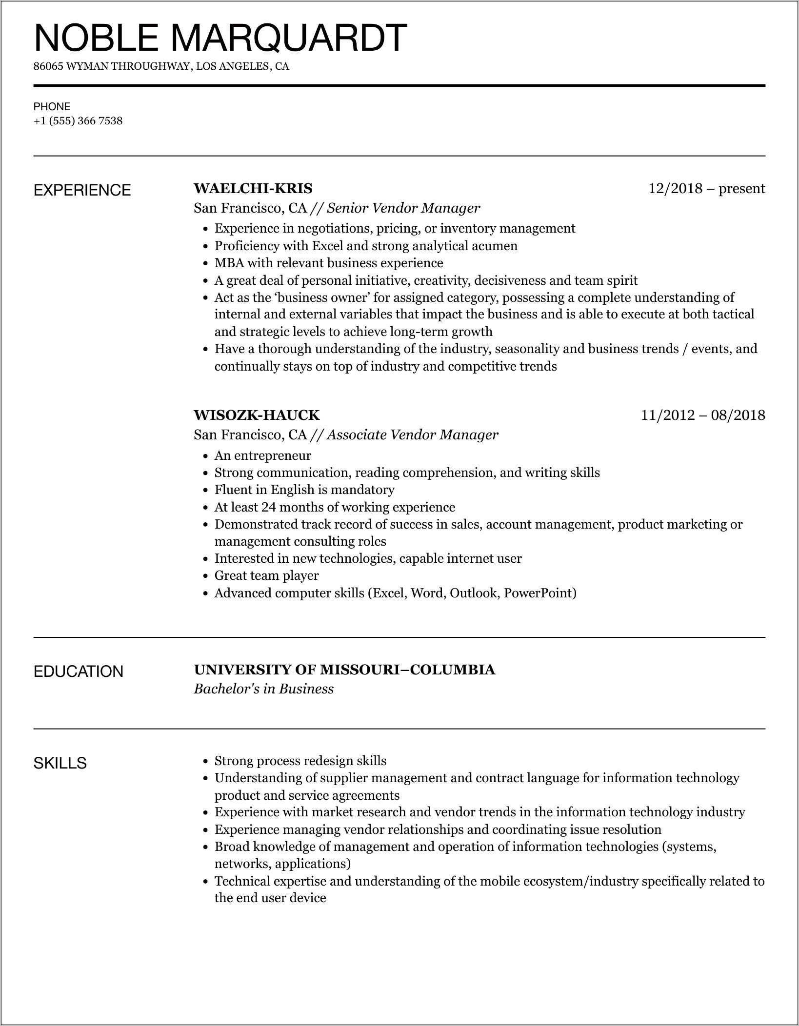 Healthcare Vendor Manager Resume Examples