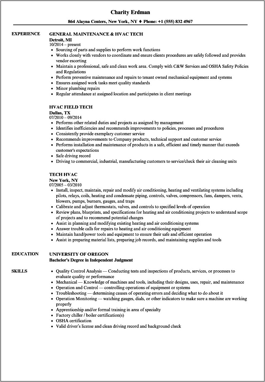 Heating Air Conditioning Resume Sample