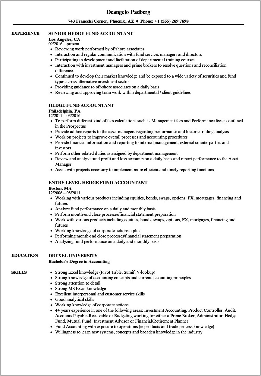 Hedge Fund Accounting Resume Samples