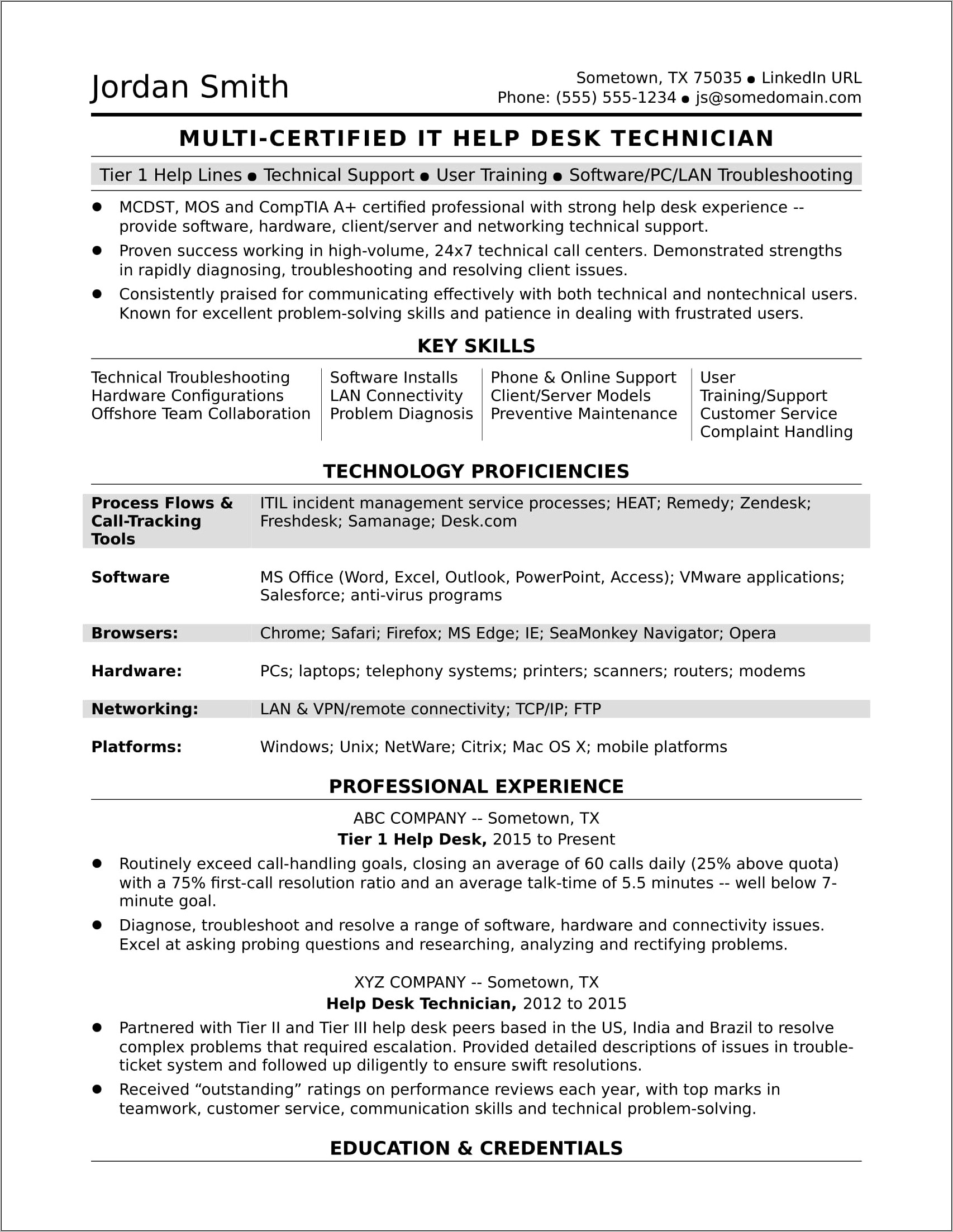 Help Desk Job Description Resume
