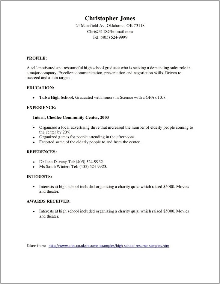Honors And Awards Example Resume