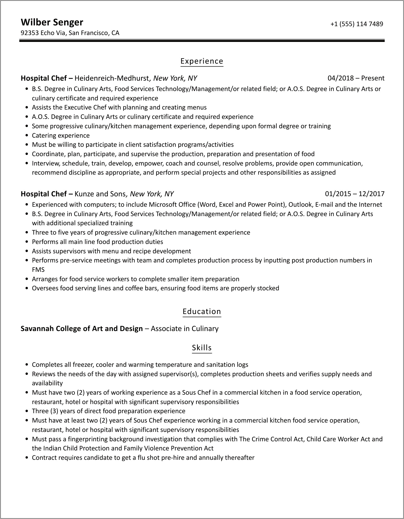 Hospital Cooking Chief Resume Examples