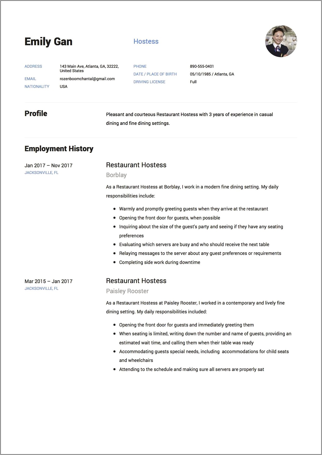 Hostess Job Description Resume Sample