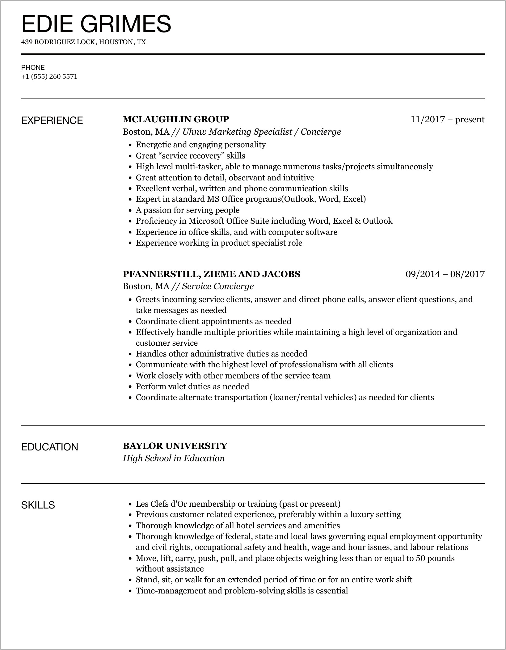 Hotel Concierge Job Description Resume