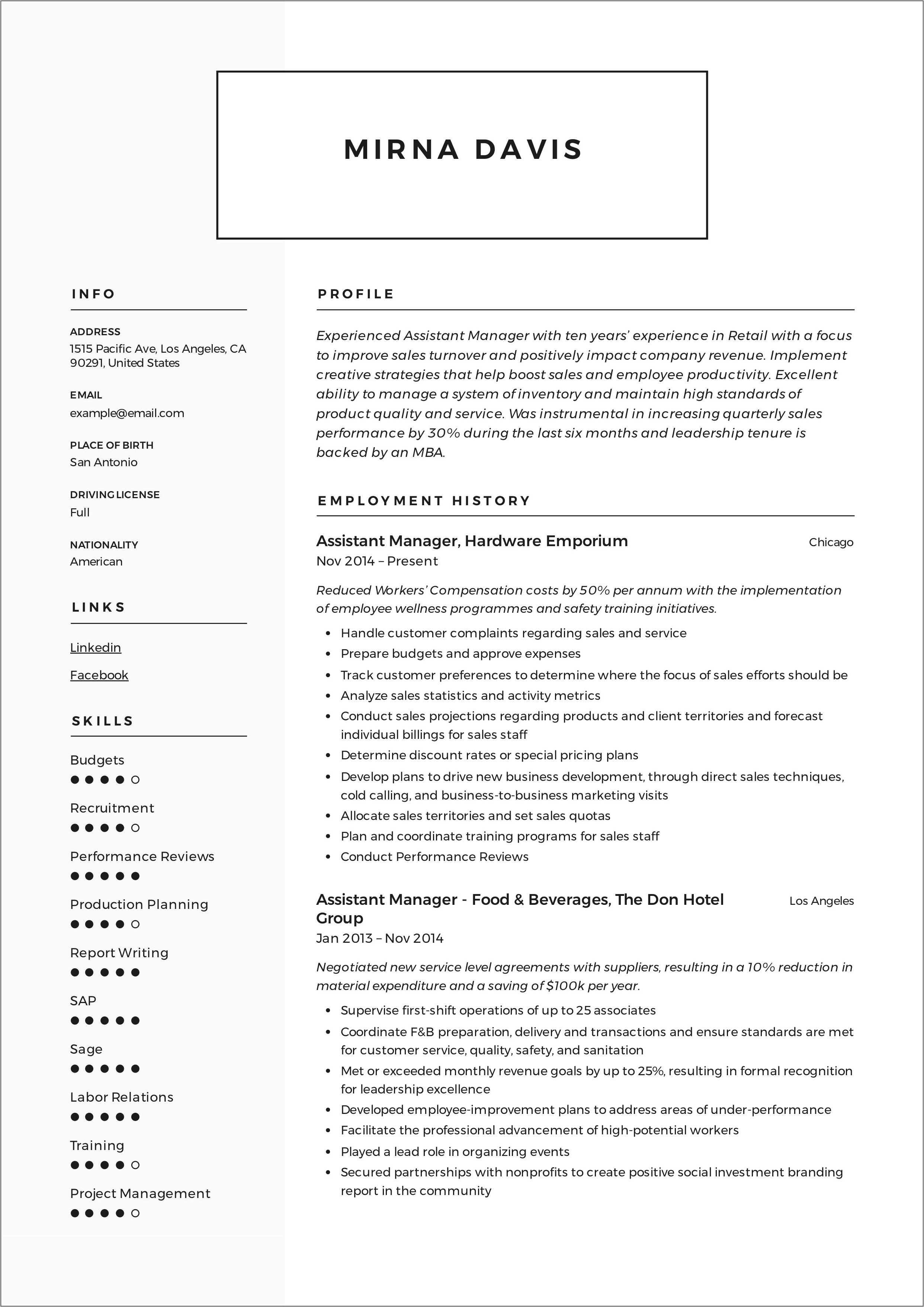 Hotel Duty Manager Resume Example