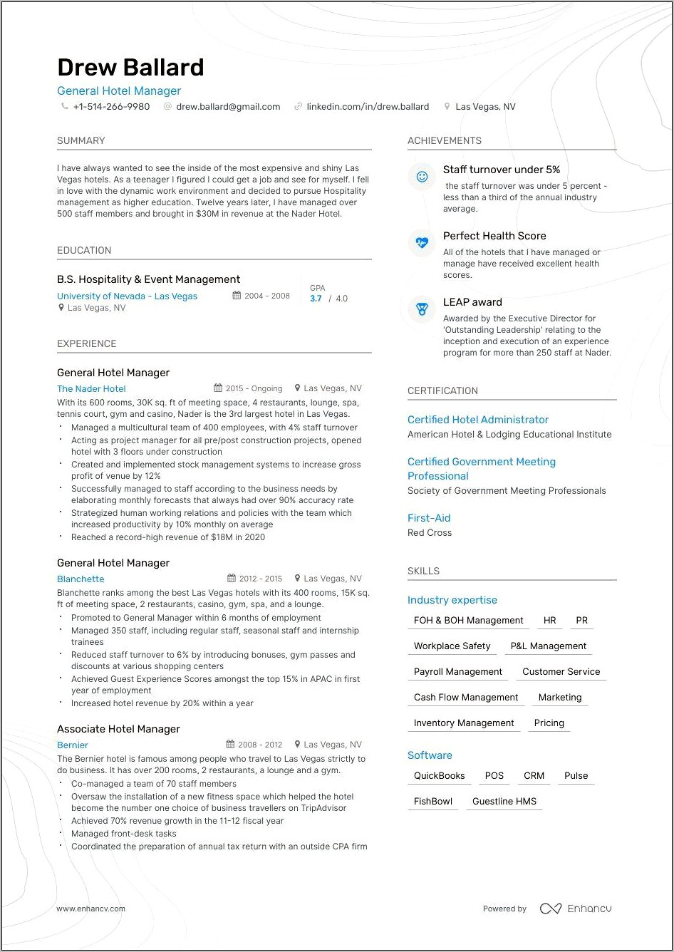 Hotel General Manager Resume Examples