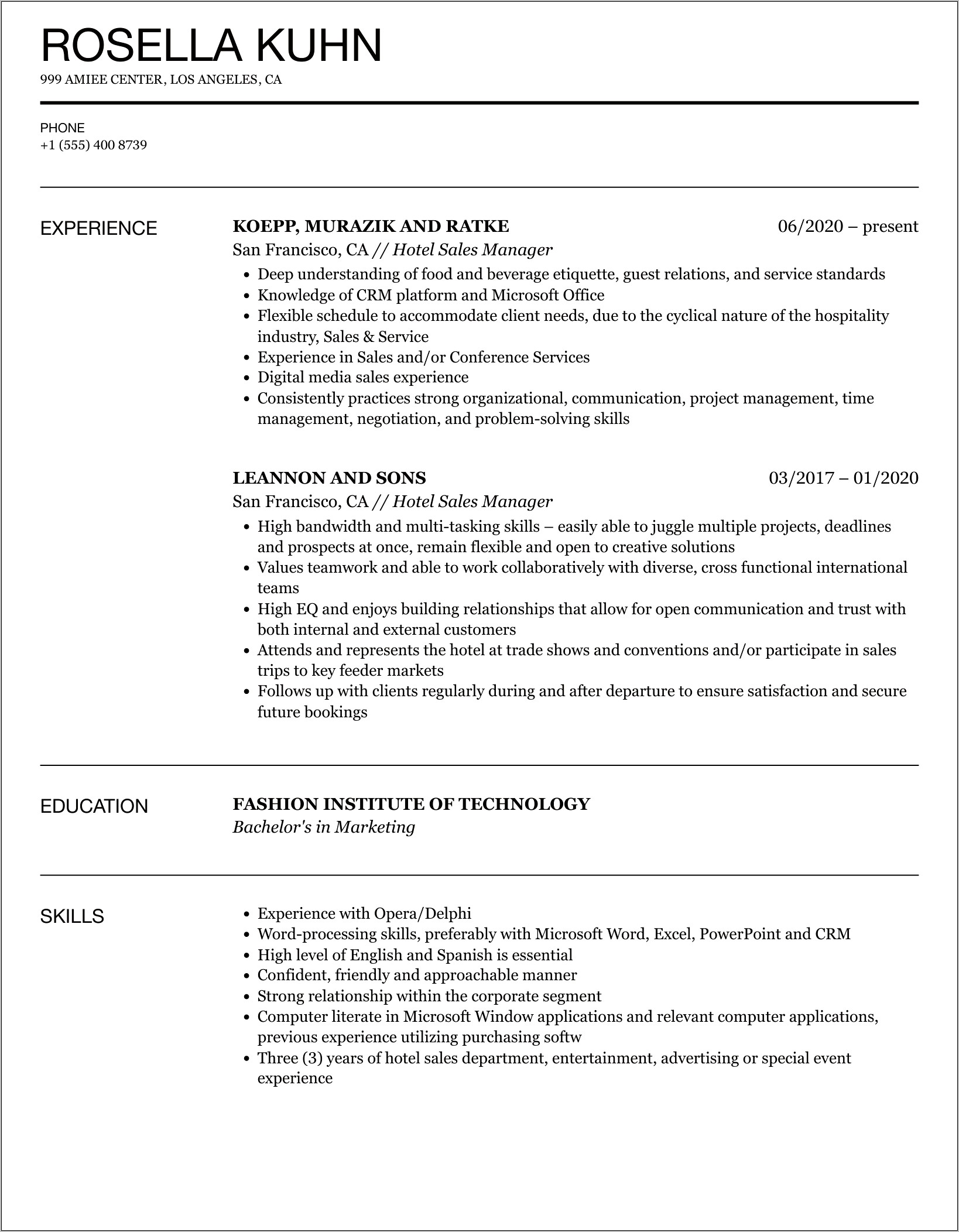 Hotel Sales Manager Resume Examples