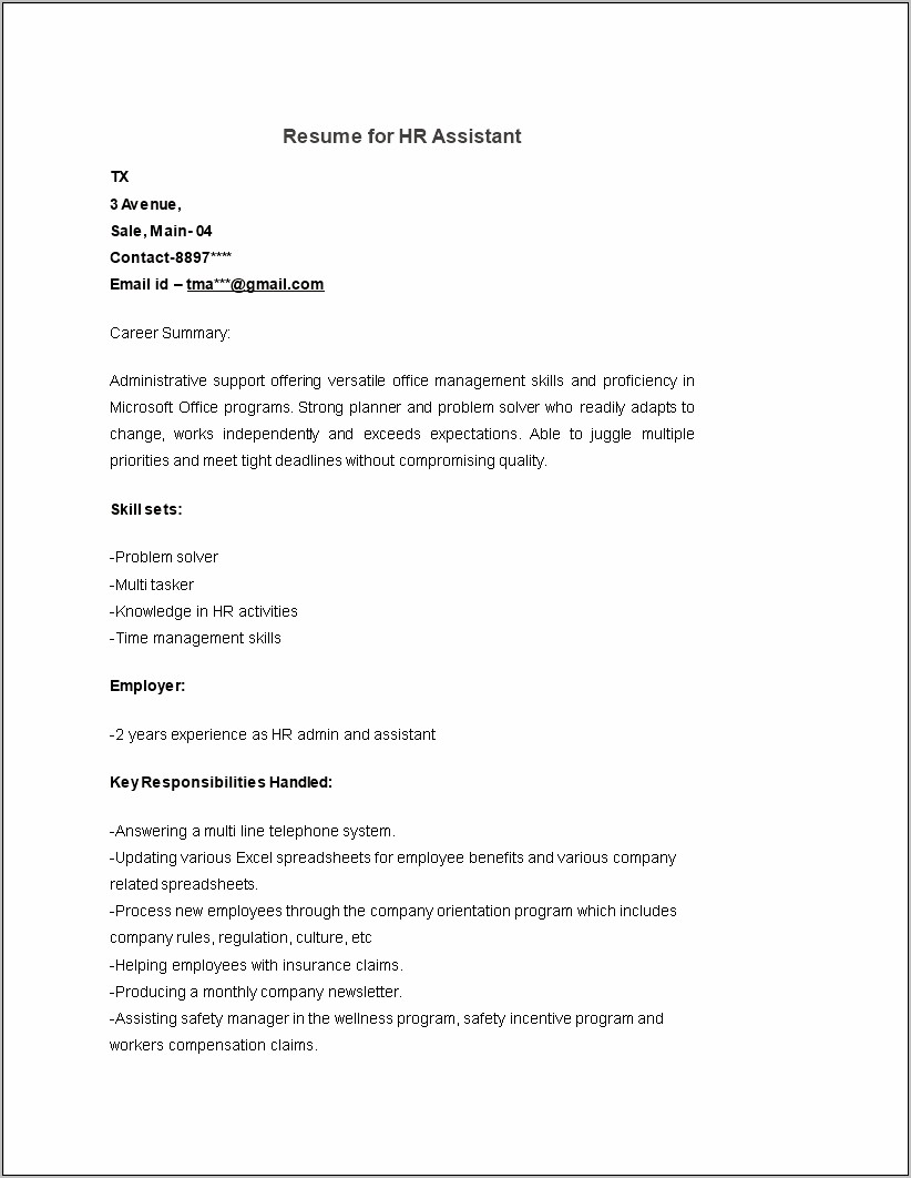Hr Assistant Manager Resume Format