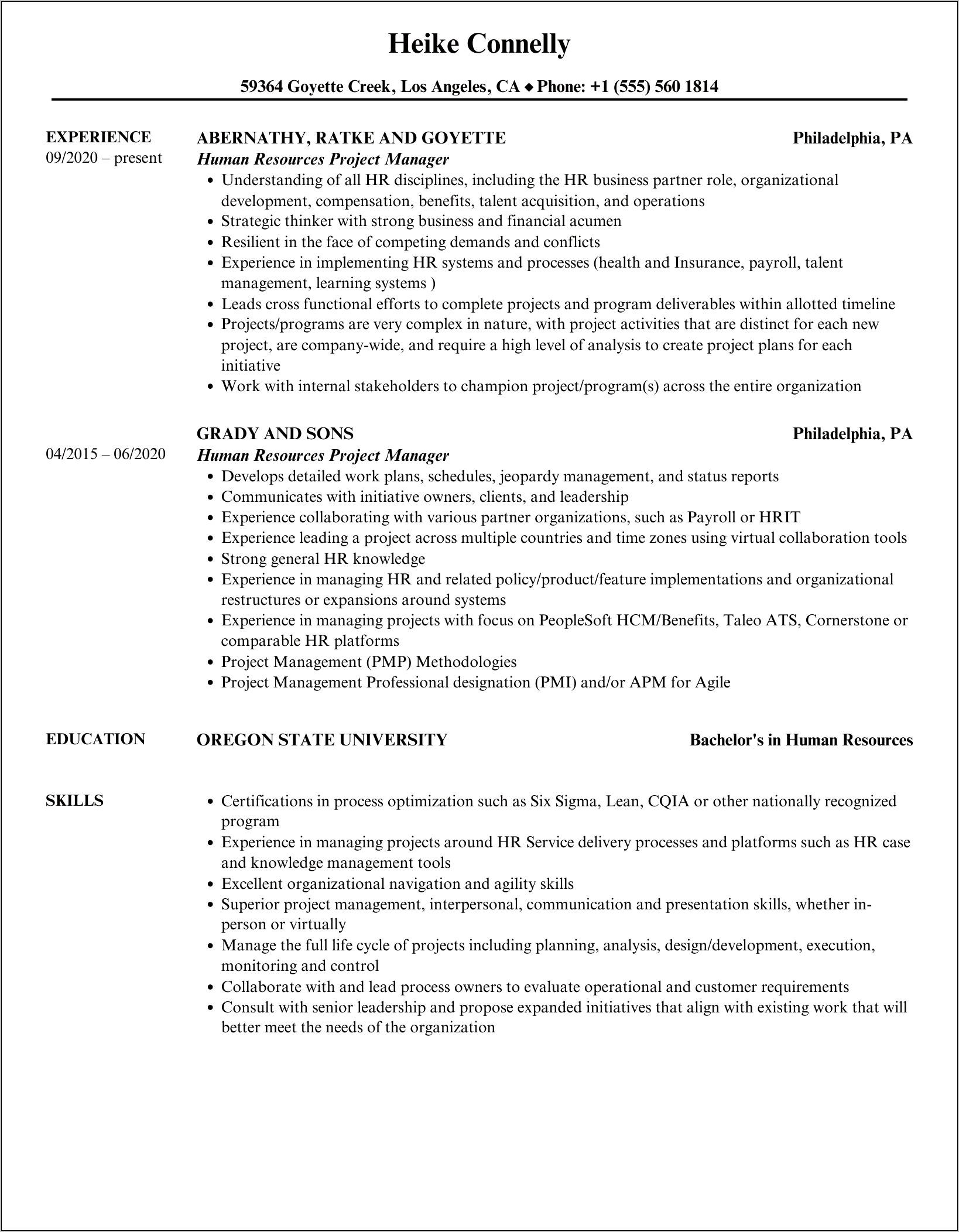 Hr Project Manager Resume Sample