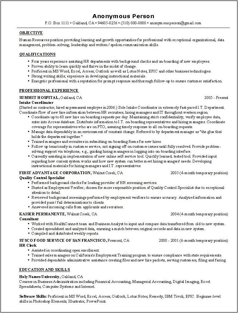Hr Resume Entry Level Examples
