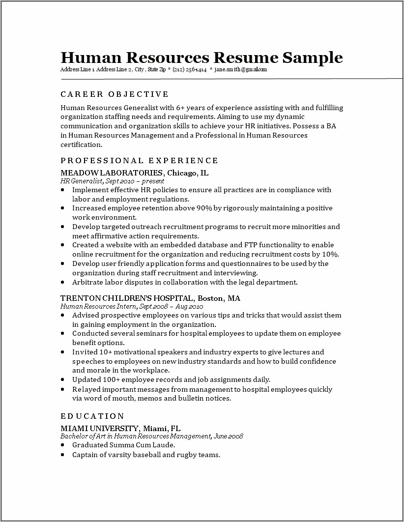 Hr Resume Samples For Experienced