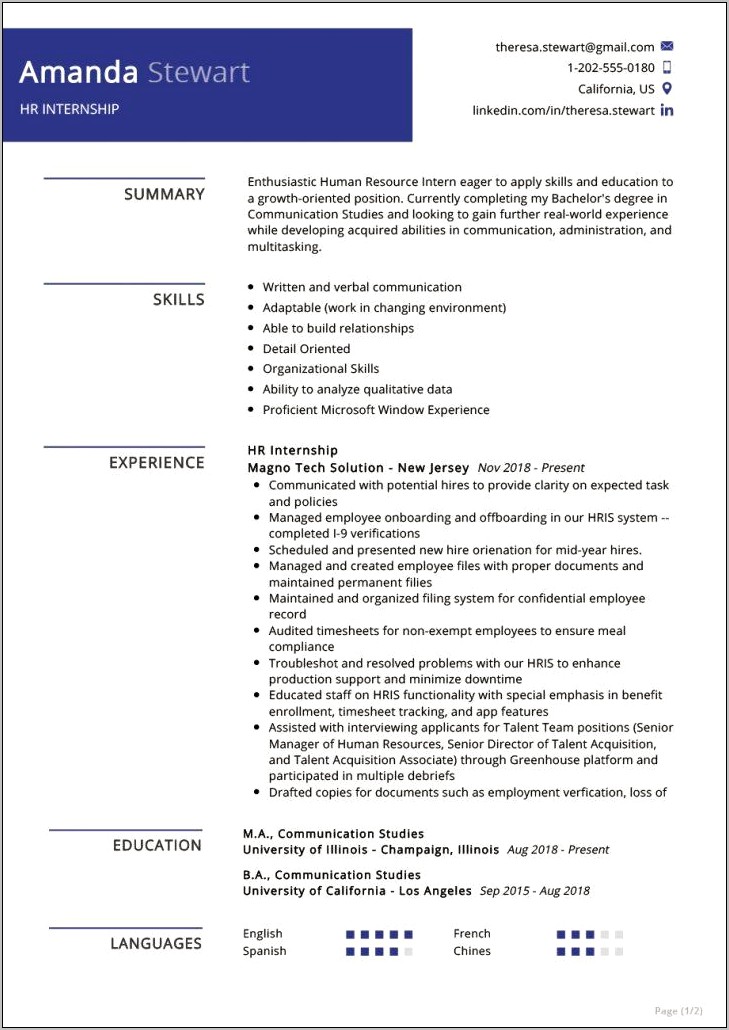 Human Resource Internship Objective Resume