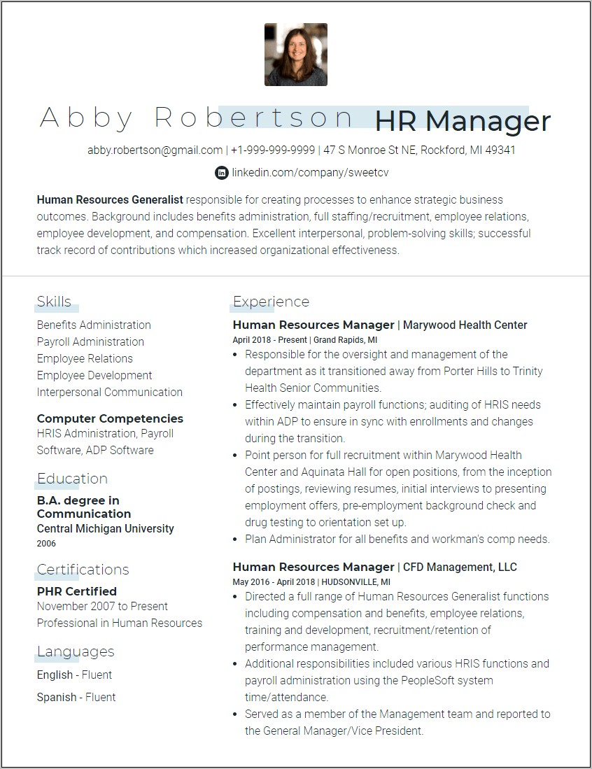 Human Resource Manager Responsibilities Resume