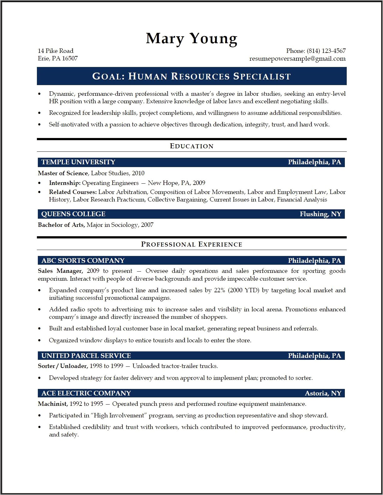 Human Resource Specialist Objective Resume