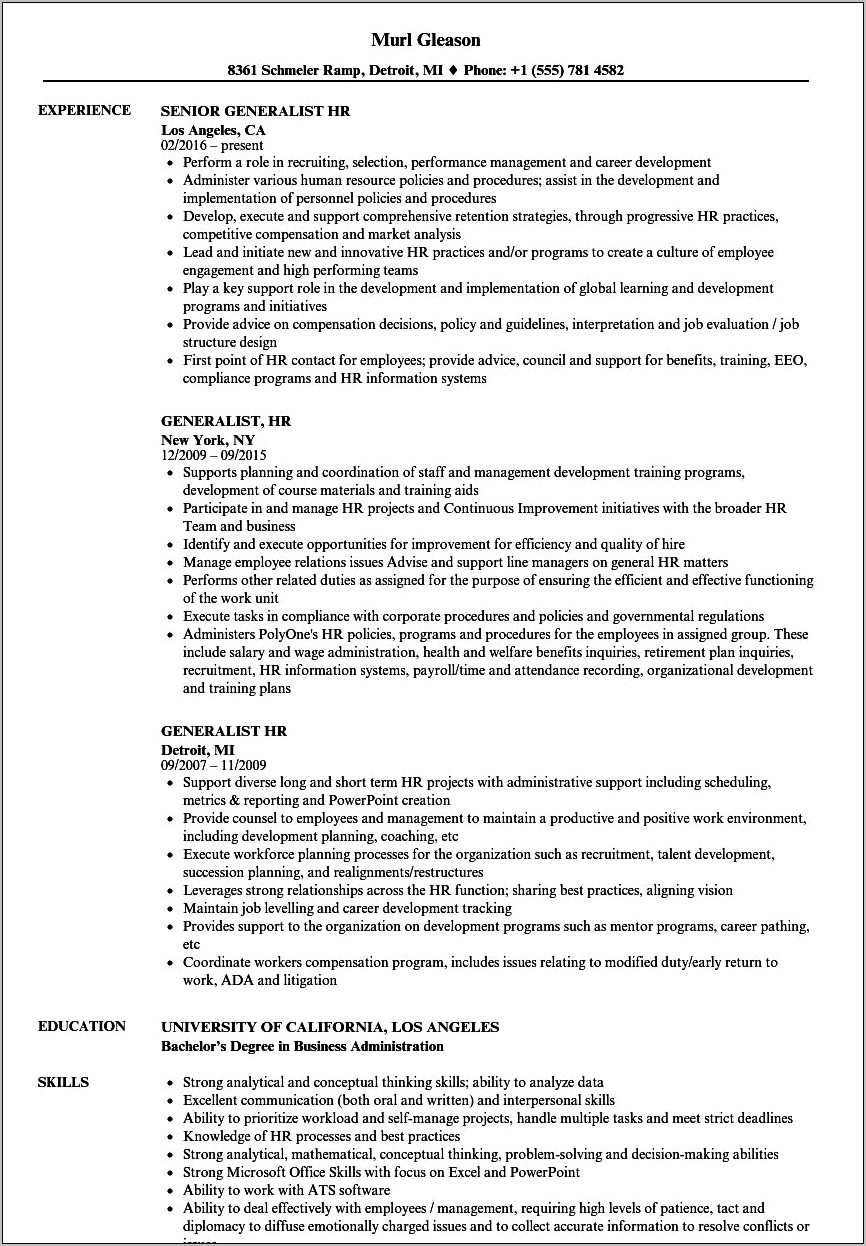 Human Resources Generalist Job Resume