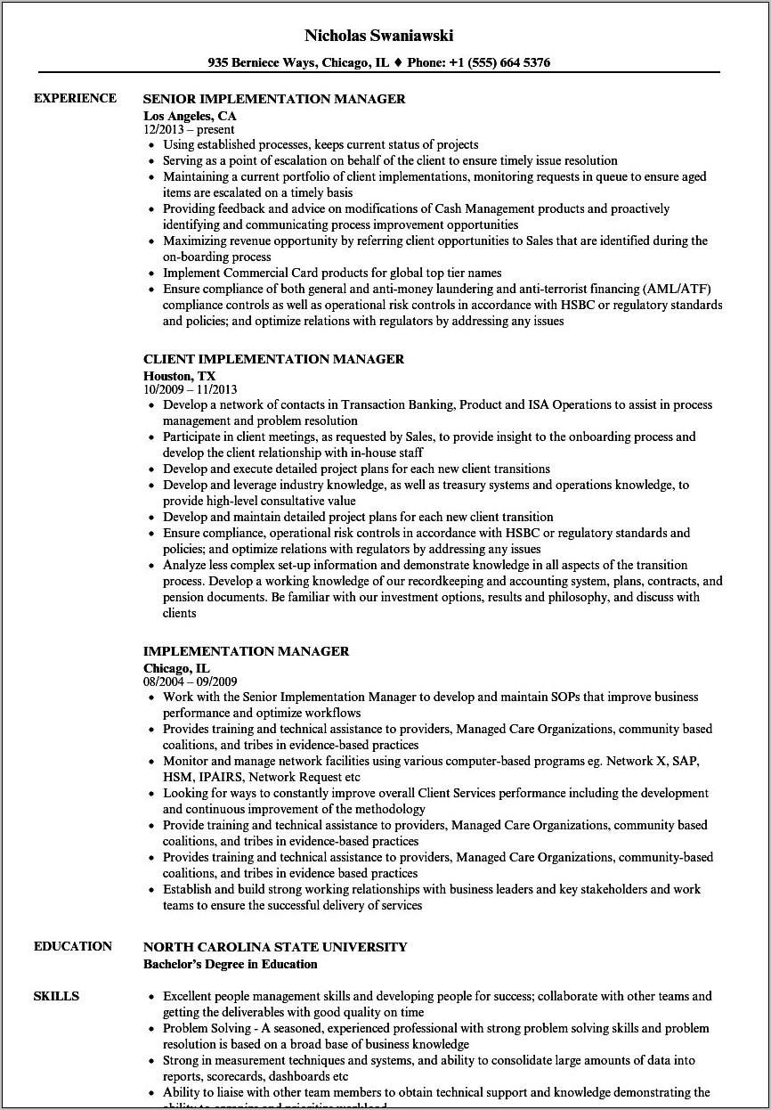 Implementation Manager Job Description Resume