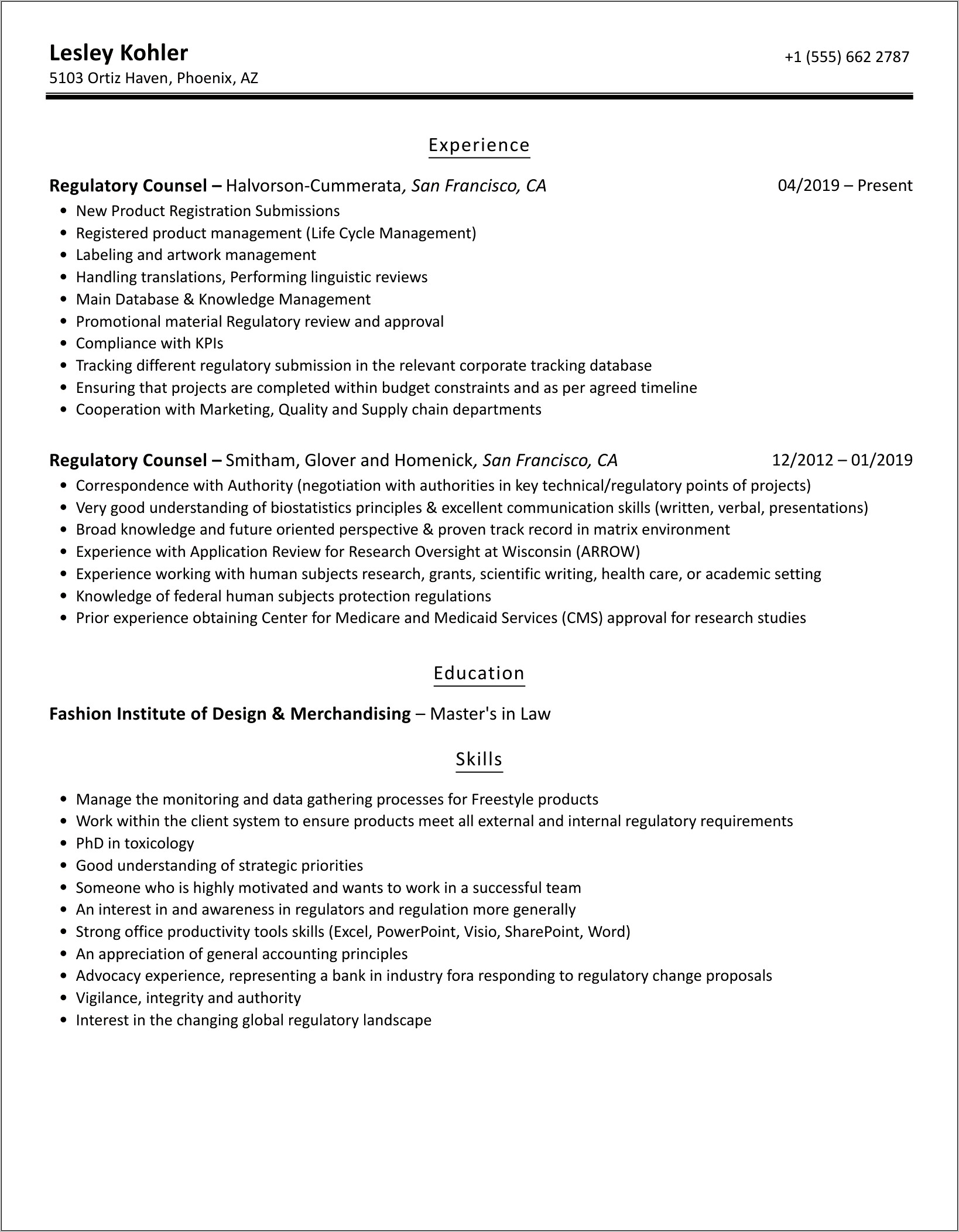 In House Counsel Resume Objective