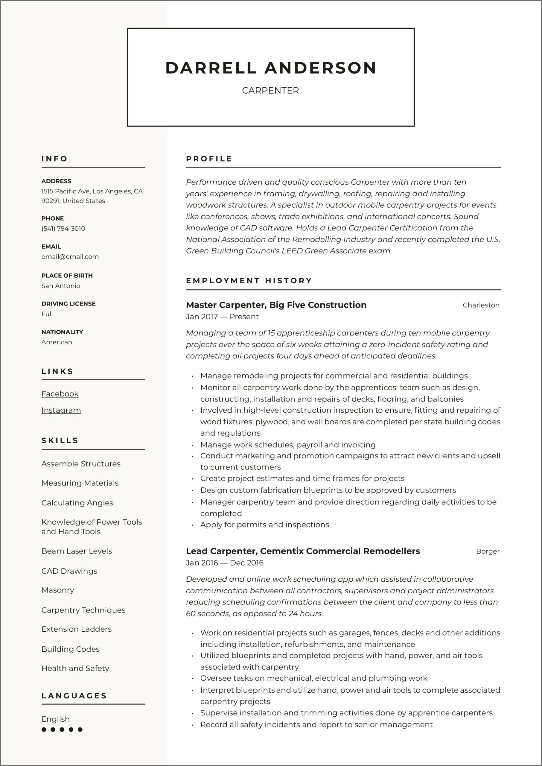 Independent Carpentry Contractor Resume Sample