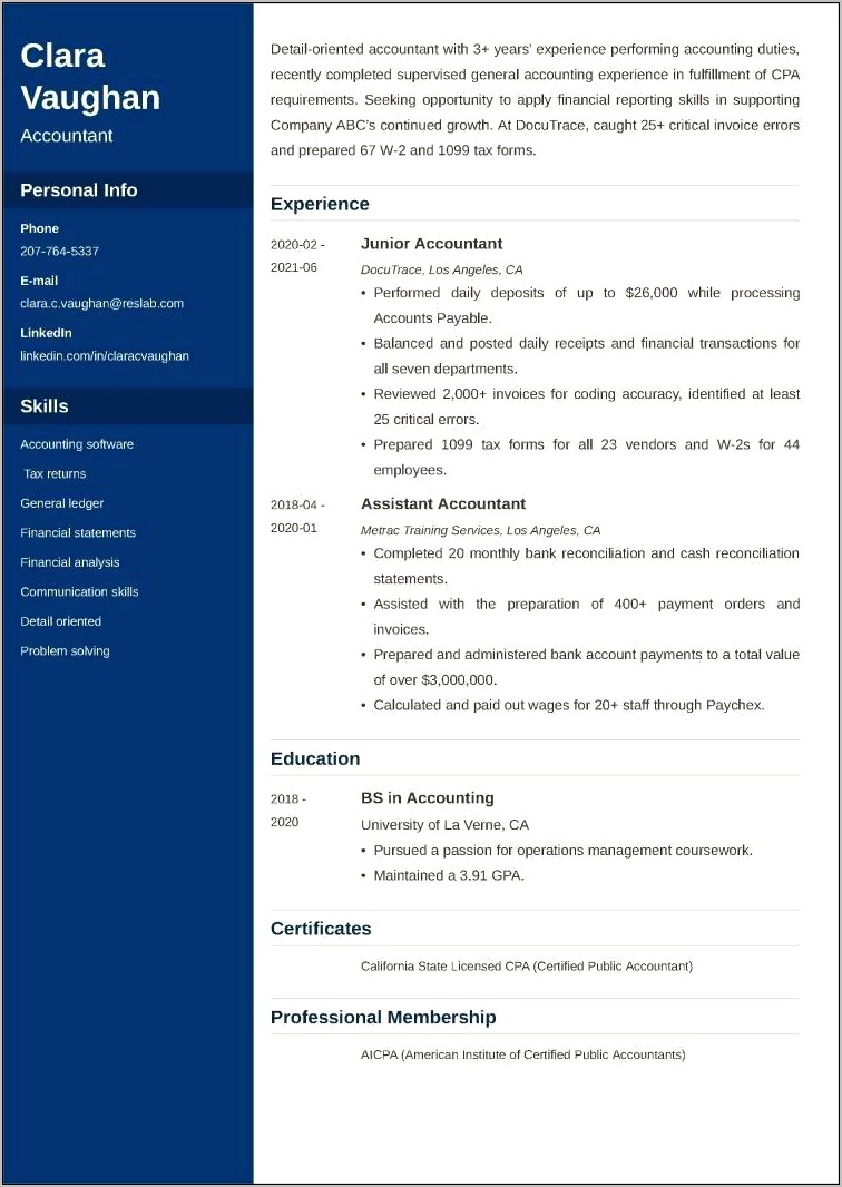 Indian Chartered Accountant Resume Samples