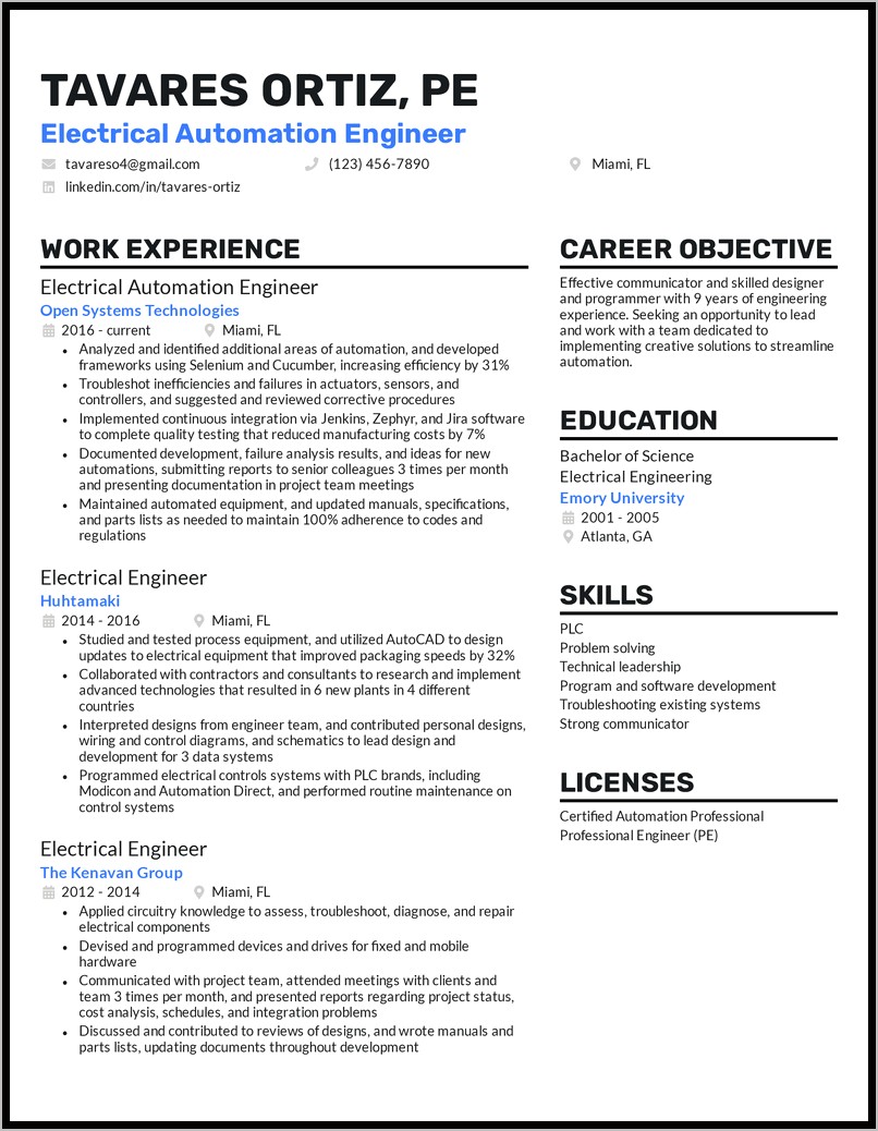 Industrial Automation Experience Resume Sample