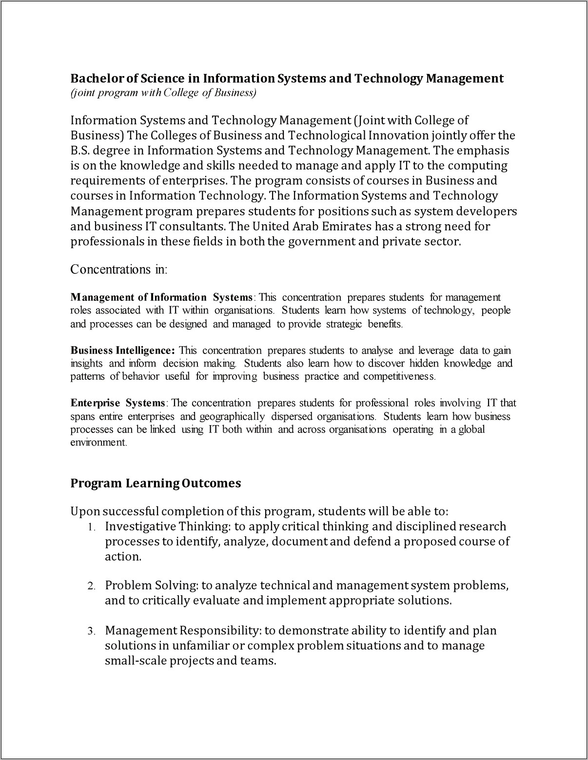 Information Systems Management Undergraduate Resume