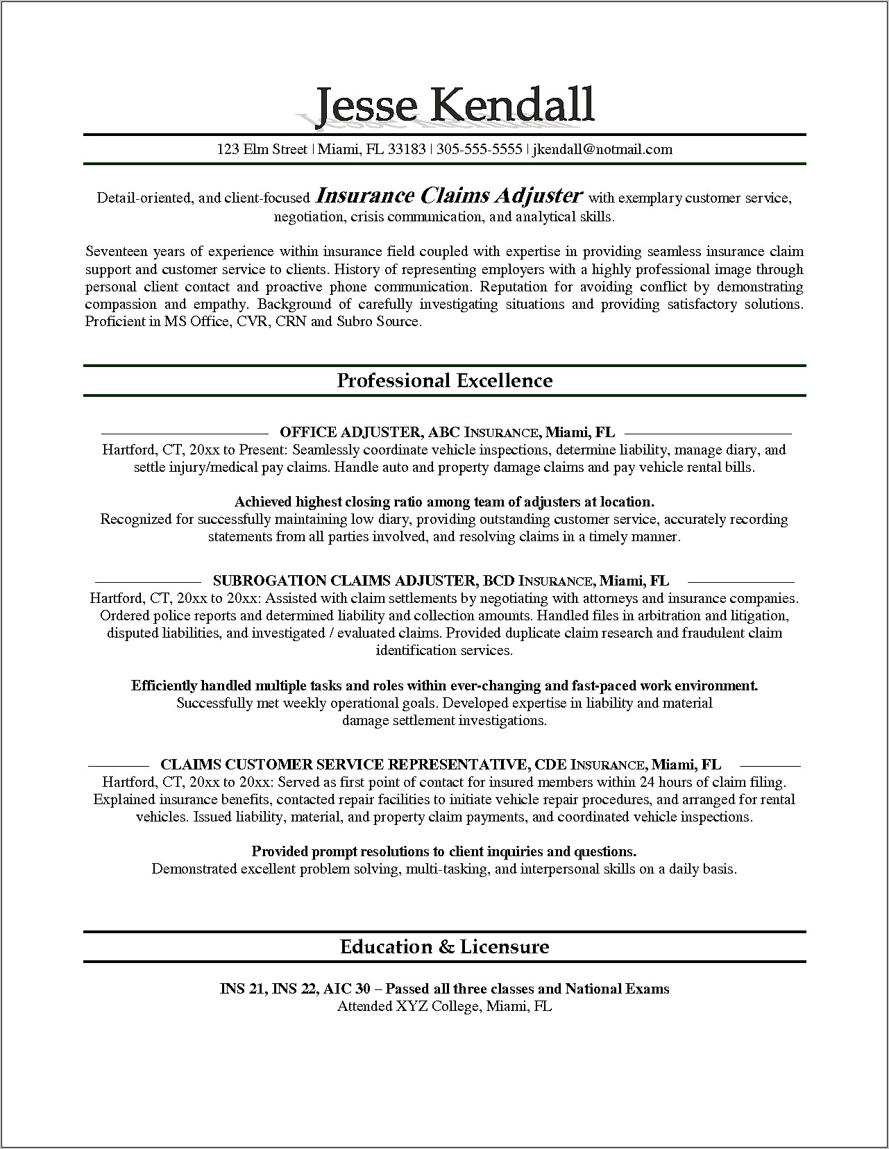 Insurance Claims Adjuster Resume Examples