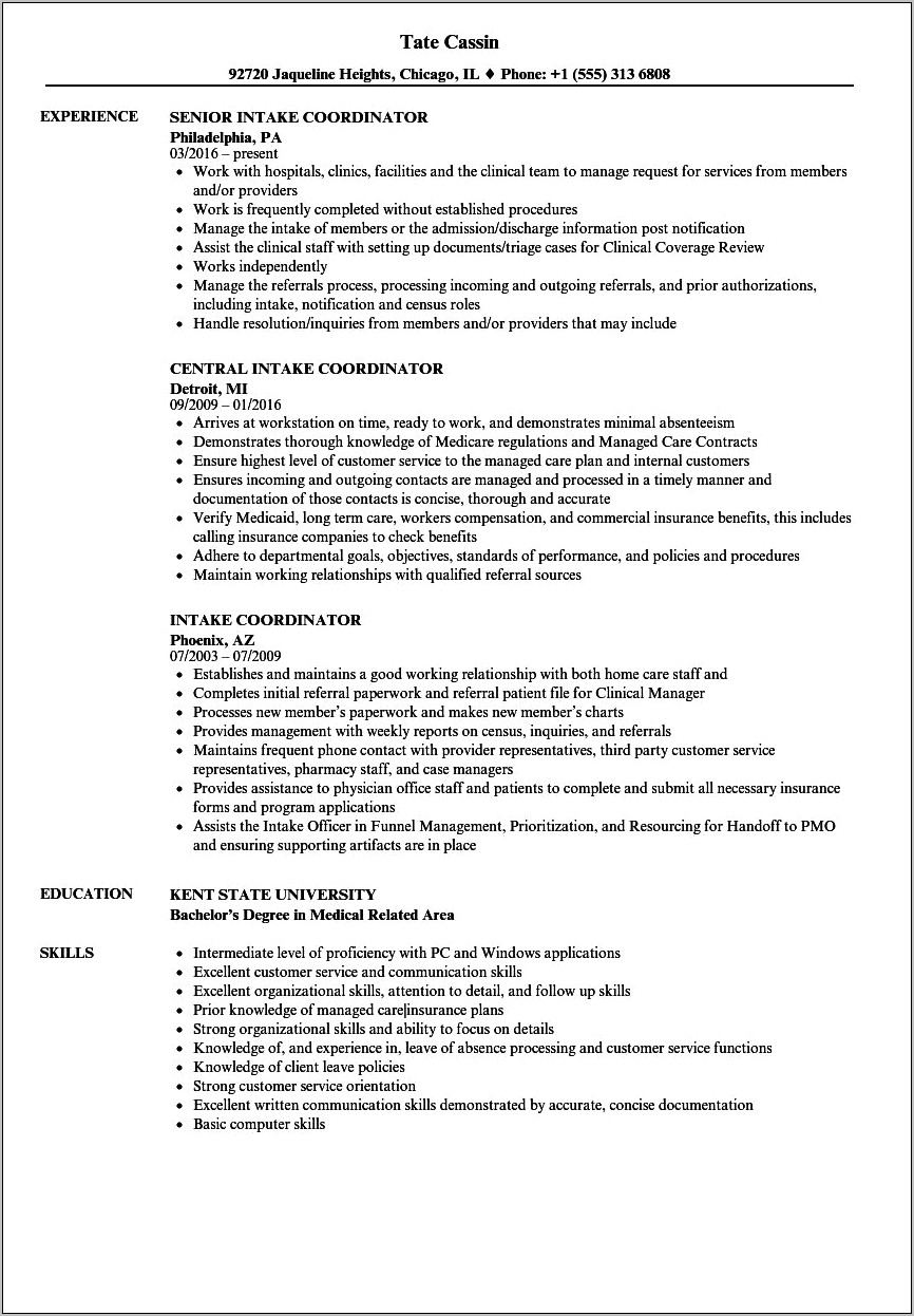 Intake Specialist Manager Resume Samples