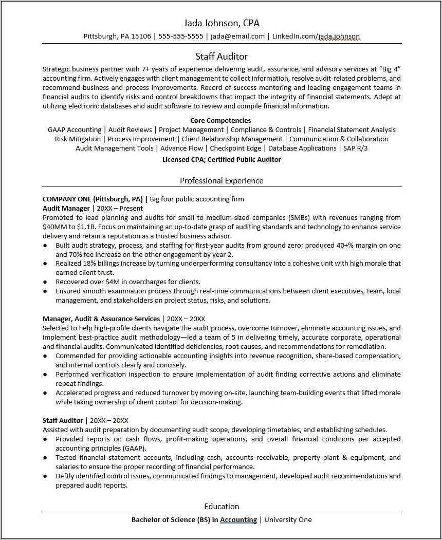Internal Audit Resume Objectives Examples