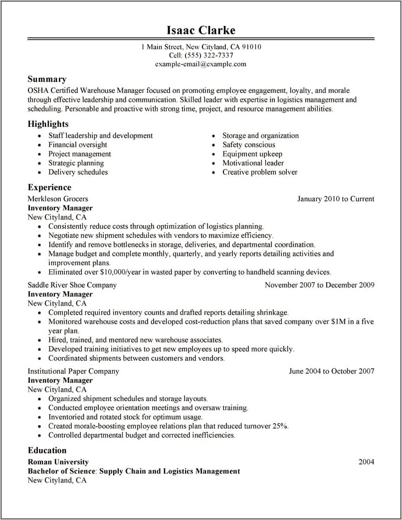 Inventory Control Manager Resume Summary